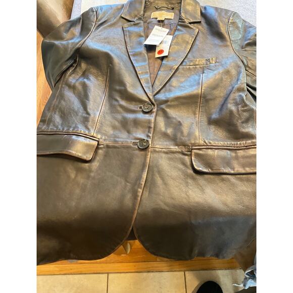 MICHAEL KORS BURNISHED 100% LEATHER CHOCOLATE BLAZER. MSRP$895. SZ4 LAPEL COLLAR - Picture 9 of 11